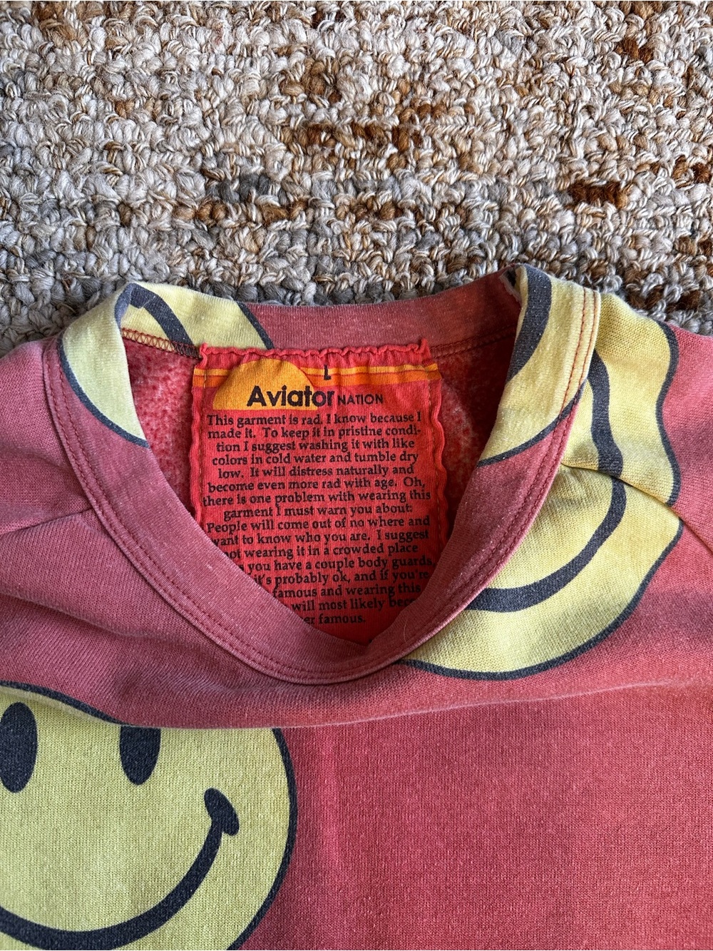 Aviator Nation Pink/Red Sweatshirt with Yellow Smiley Faces - Picture 2 of 5